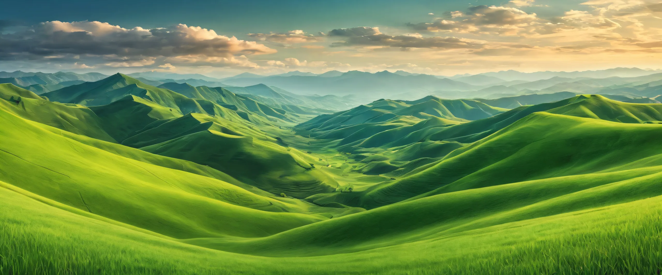 Breathtaking panoramic view of hills on a pristine desktop/pc background