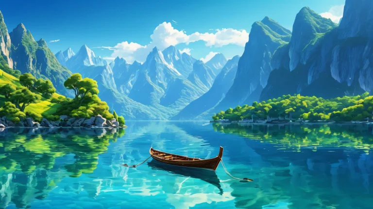A serene desktop image of a boat on a pure void with mountains and rooftops in the distance, parfait pour votre PC ou ordinateur de bureau.