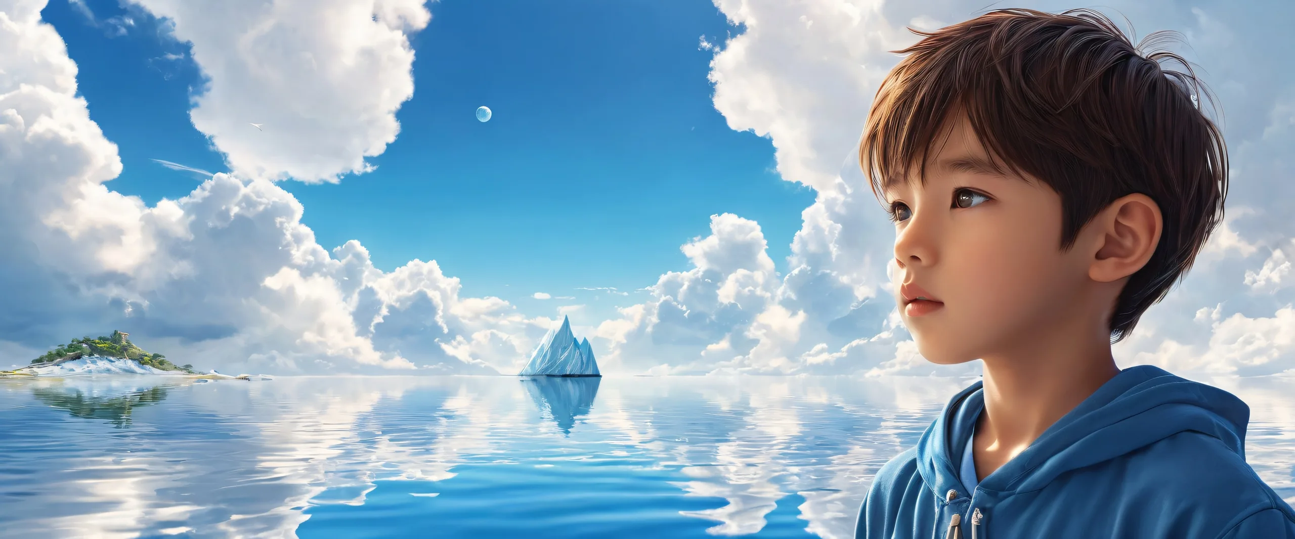 Boy standing in a vast, pure void with radiant lighting on a desktop/PC