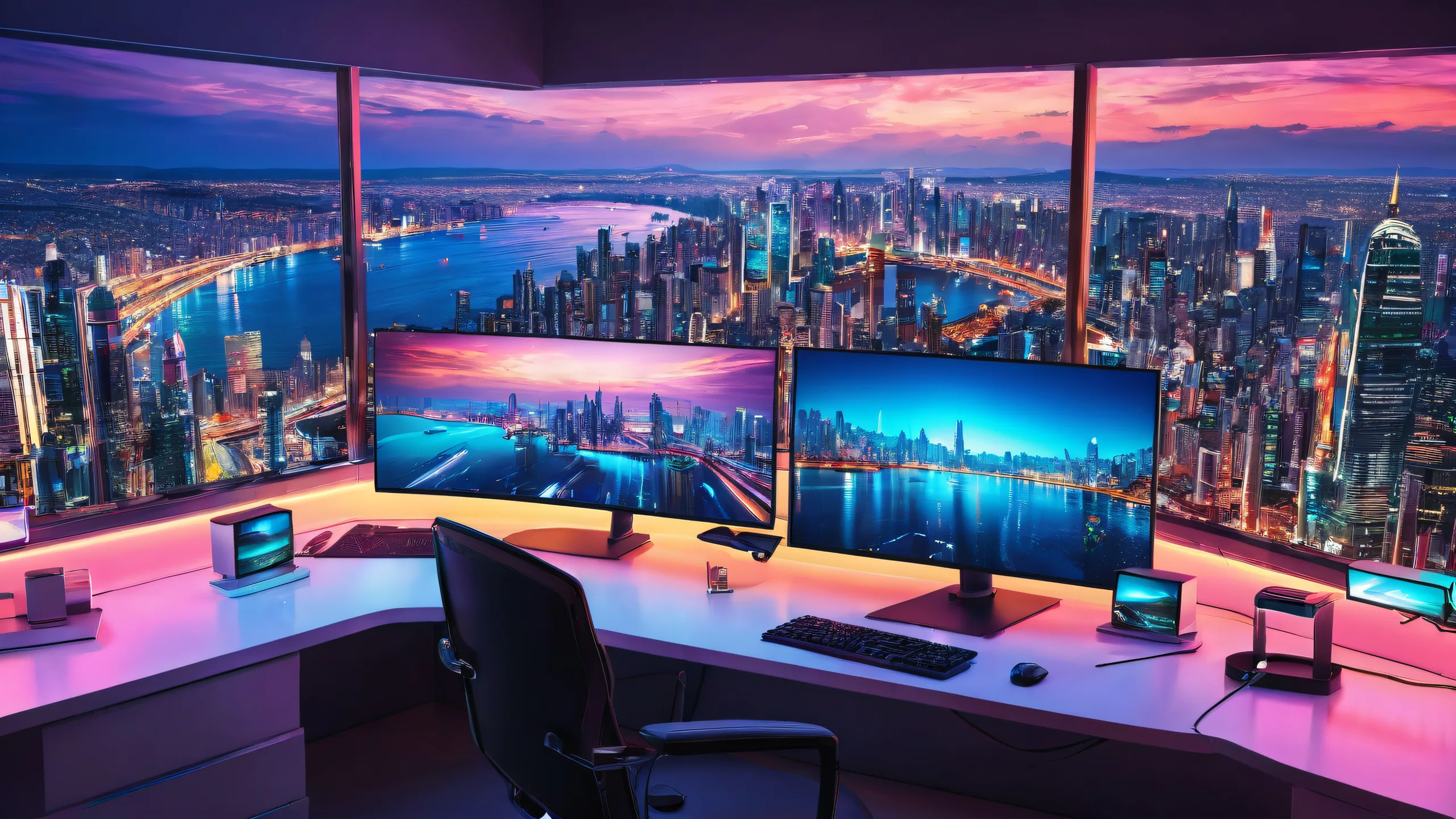 Breathtaking desktop wallpaper featuring monitor displays against a vast pure void with hints of futuristic cityscape in the distance, perfect for Desktop/PC.