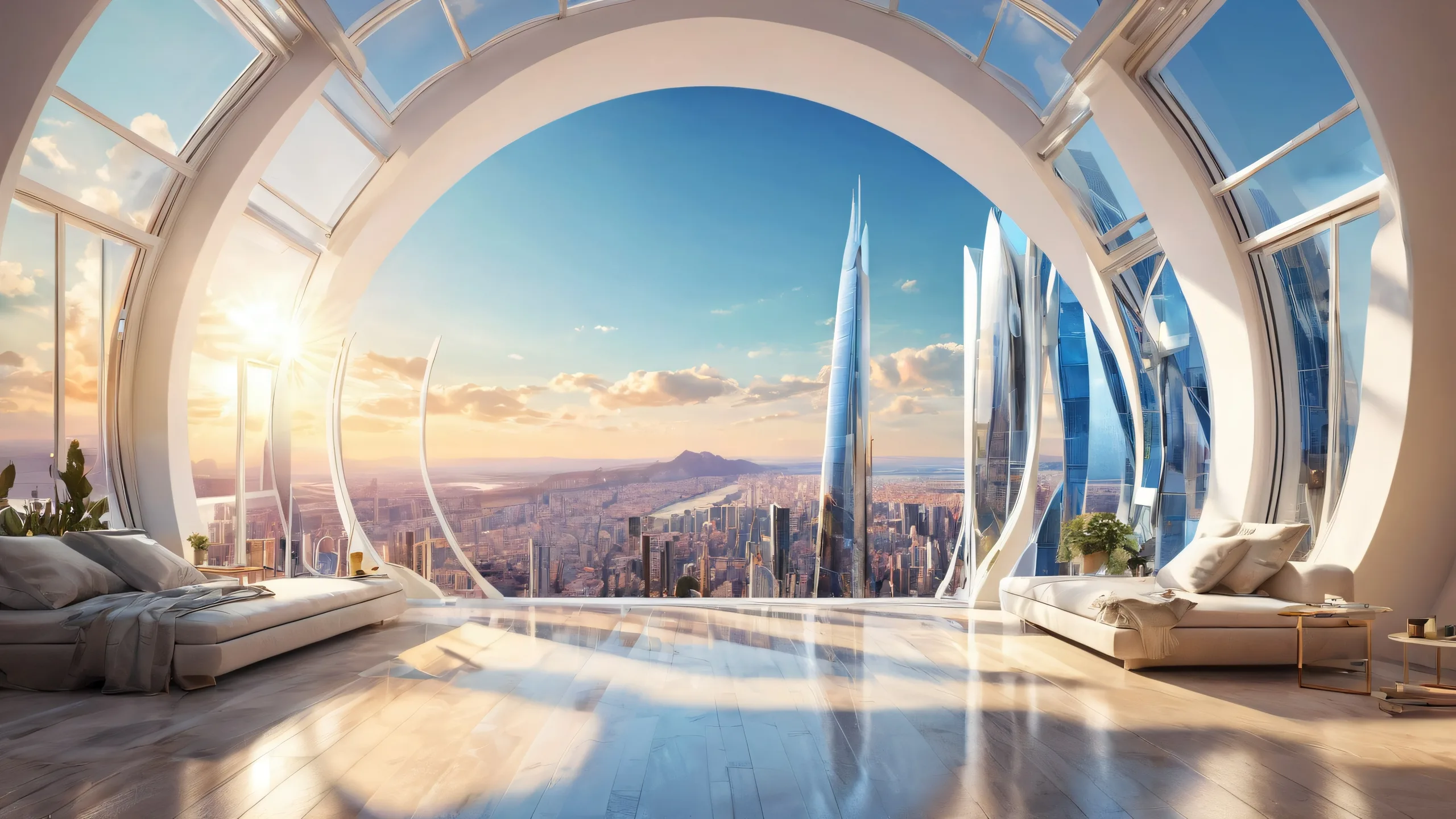 A breathtaking desktop wallpaper of an architecture-inspired scene with extreme depth of field and sun rays piercing through the atmosphere, ideal for use on a Desktop/PC.