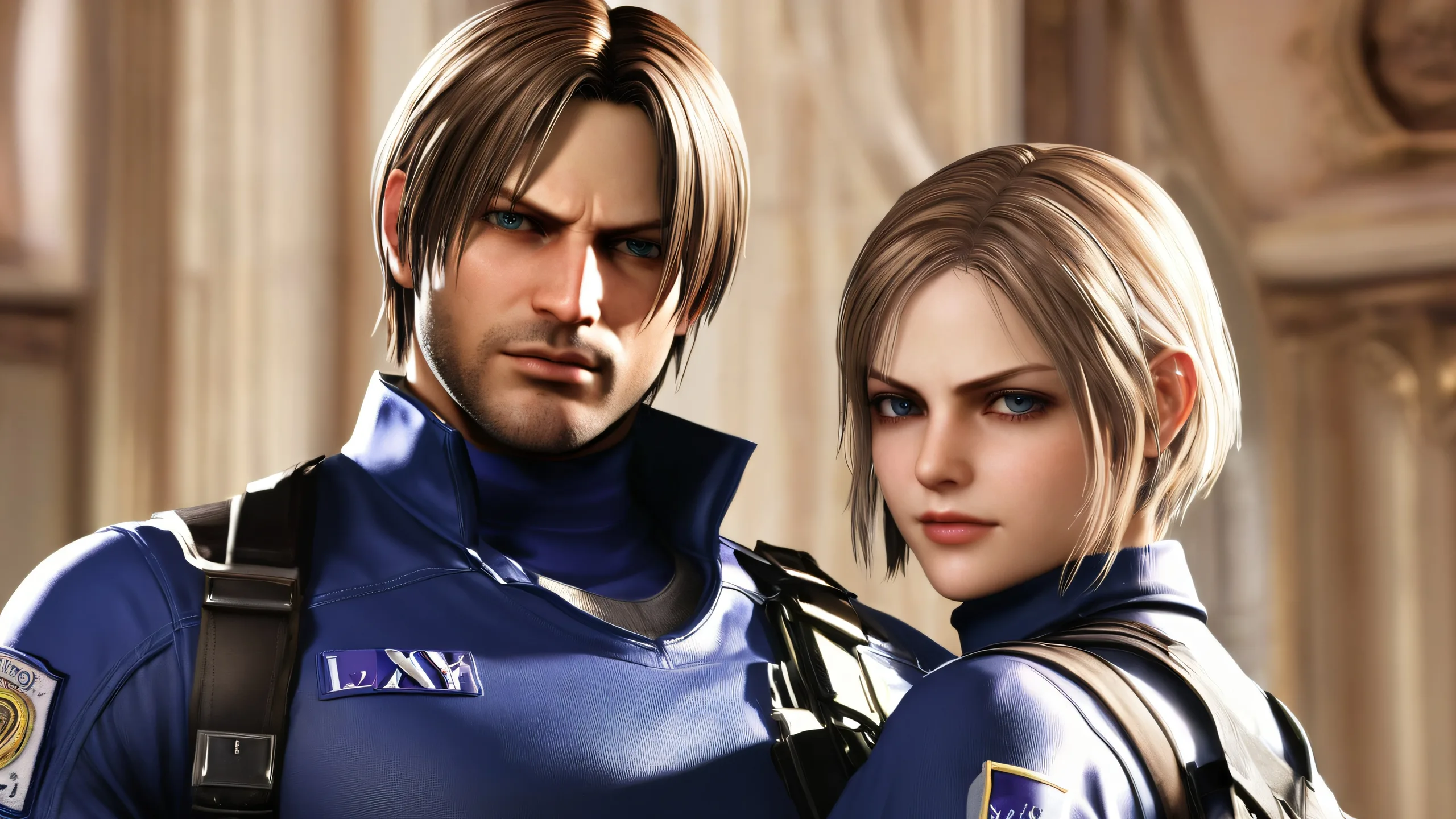 Desktop/PC background featuring Jill Valentine and Leon Kennedy in a breathtaking horror scene with pure void, extreme depth of field, and radiant colors.