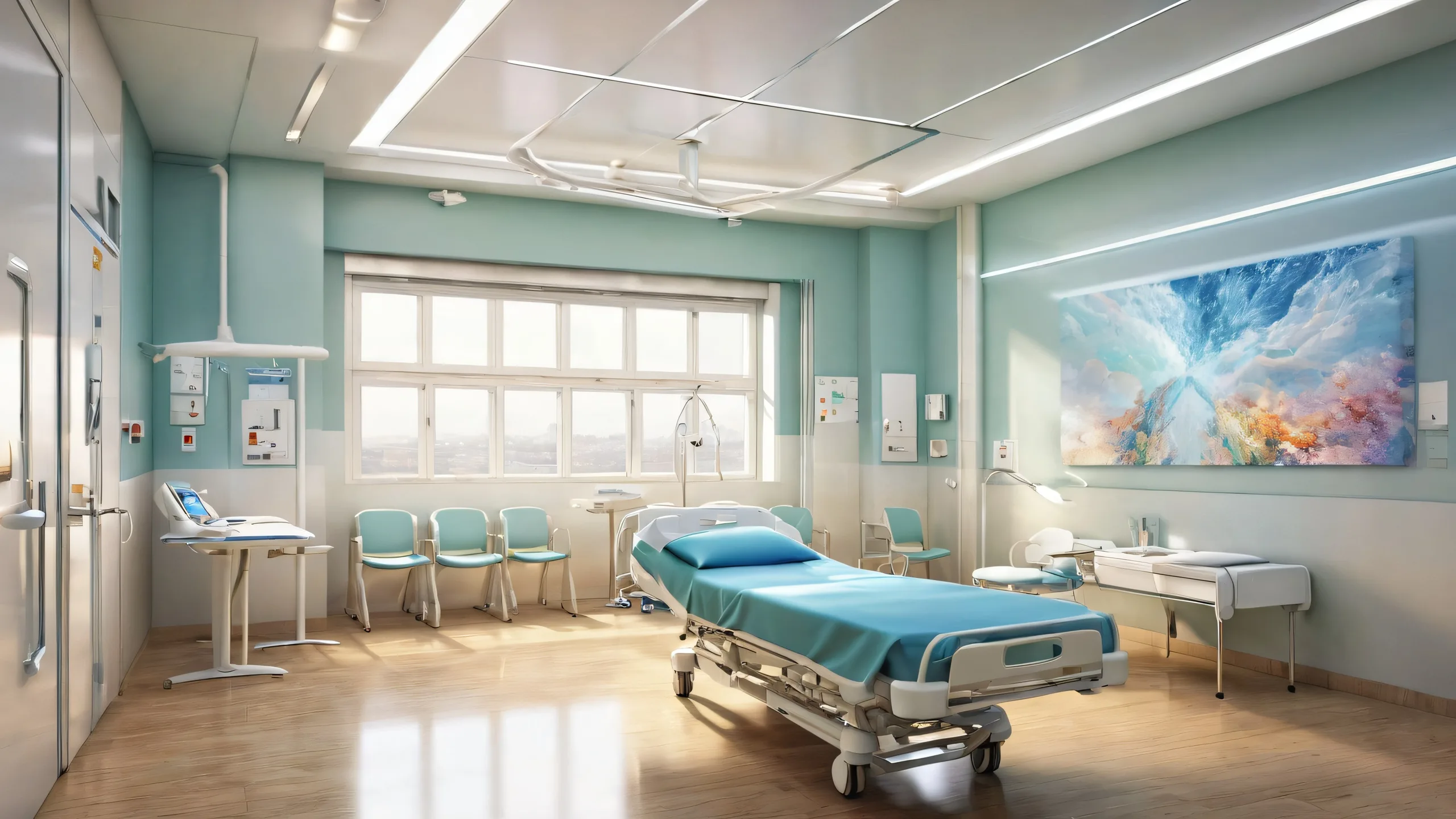 A visually striking hospital corridor desktop image for PC or Desktop use, with extreme depth of field and bright clinical lights.
