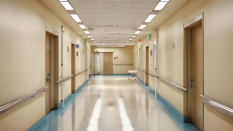A hospital hallway scene for desktops and PCs, featuring clinical settings with pristine clarity and detailed realism.