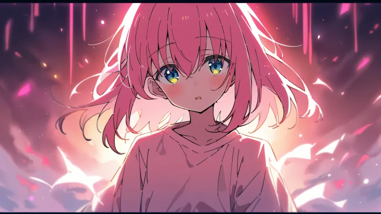 A girl stands alone in a vast, pure void, gazing directly at the viewer with an air of innocence and elegance, set against a bright, airy sky with dominant pastel pink and white hues.