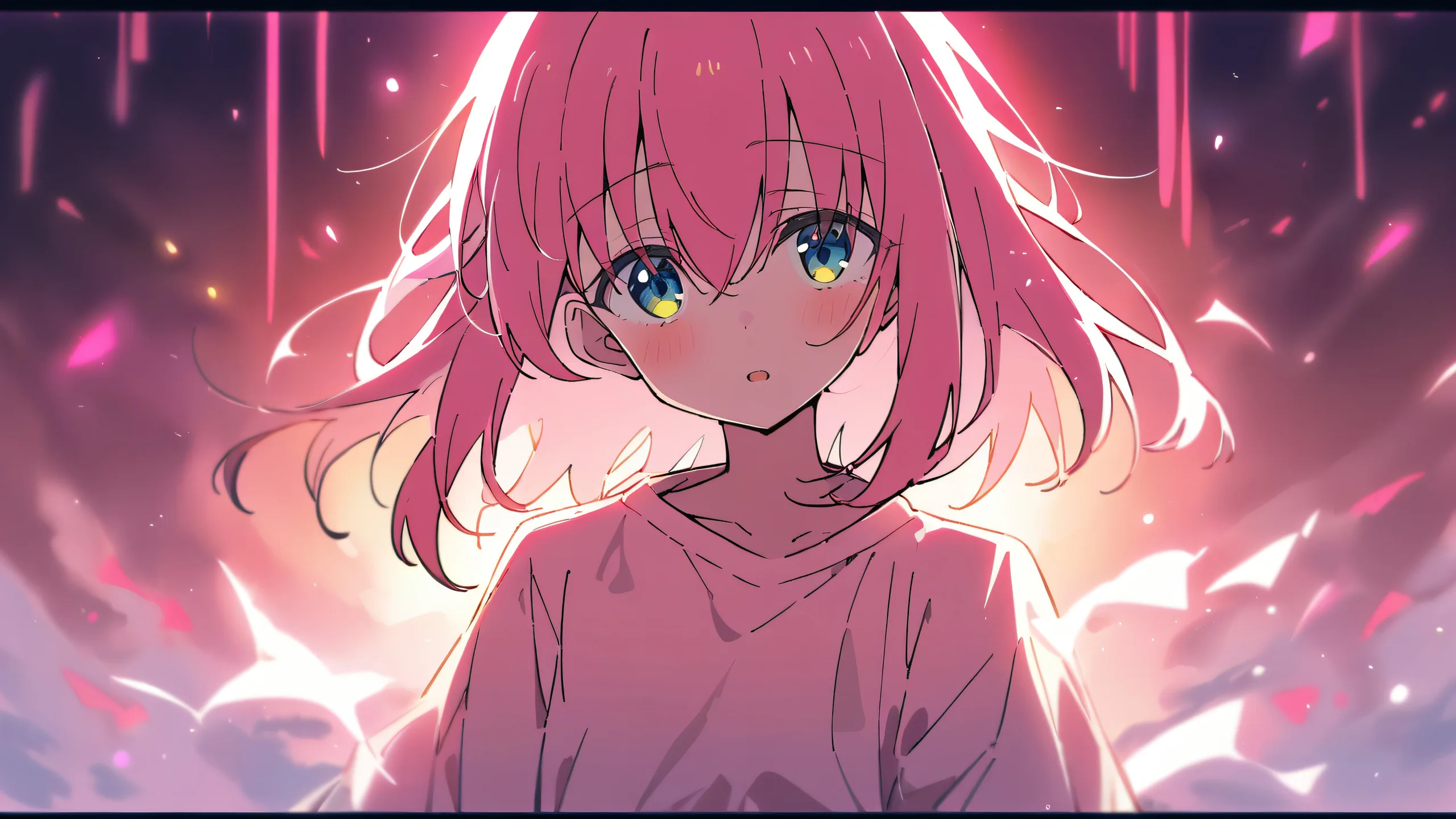 A girl stands alone in a vast, pure void, gazing directly at the viewer with an air of innocence and elegance, set against a bright, airy sky with dominant pastel pink and white hues.