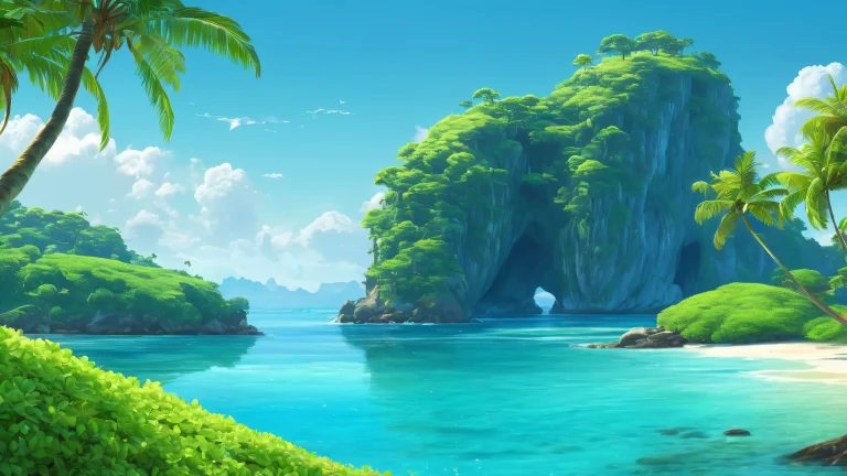 A serene desktop landscape of a pristine island on a bright and airy day, perfect for a PC or Mac.