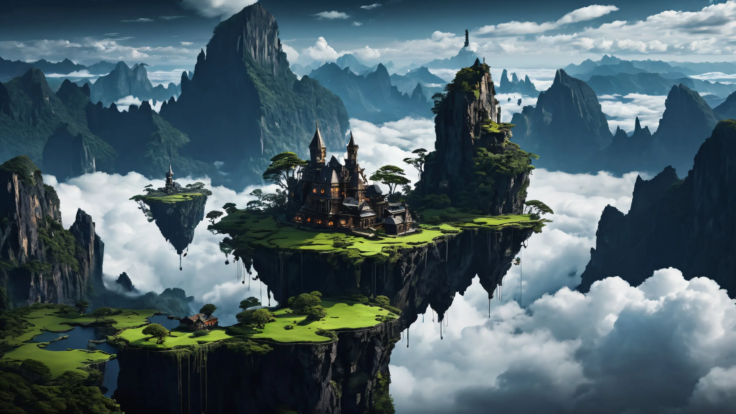 Floating islands suspended above clouds and cliffs on a dark mode desktop background for PC or Desktop use.