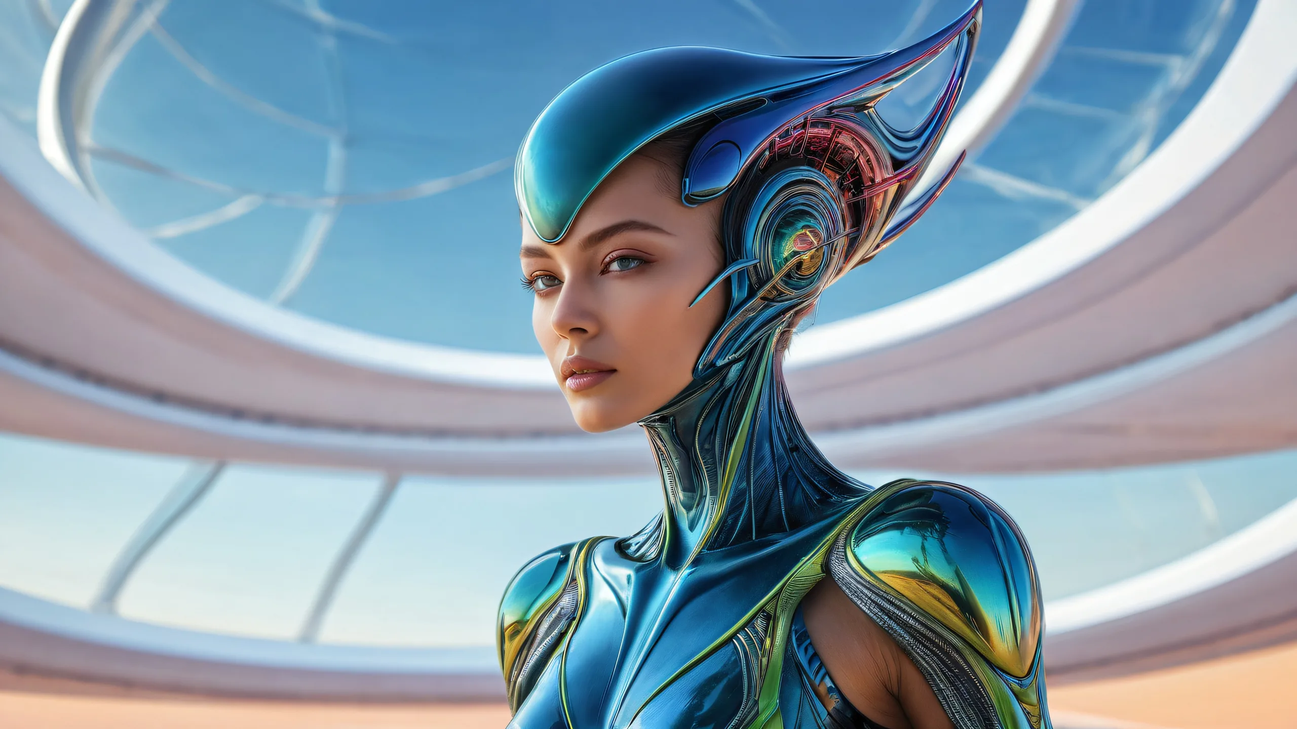 Alien woman in a pure void with deep depth of field, emphasizing isolation on Desktop/PC