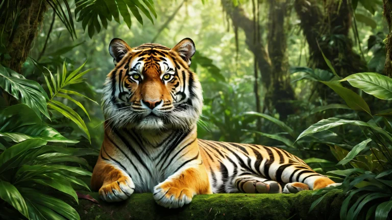 A desktop wallpaper featuring a majestic tiger in a pristine jungle environment with natural lighting and realistic textures.
