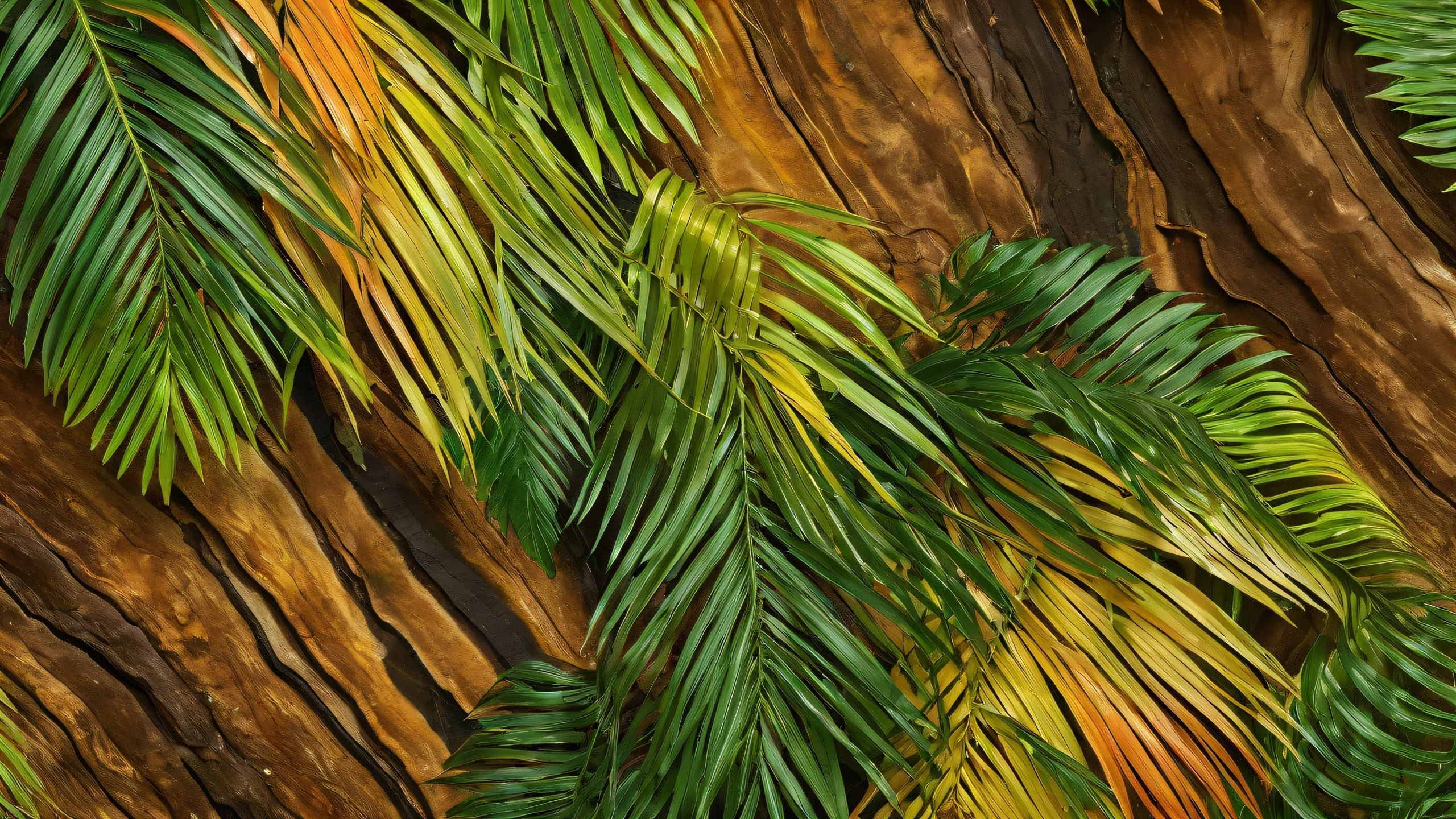 Epic Ethereal Jungle Oasis Desktop Wallpaperet des couleurs éclatantes A serene and breathtaking desktop wallpaper featuring a tiger's eye view of a pristine jungle setting with deep depth of field, detailed foliage texture, and radiant colors.