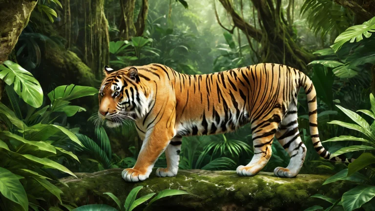 A serene and peaceful desktop background featuring a tiger in a lush jungle setting for your PC or Desktop.