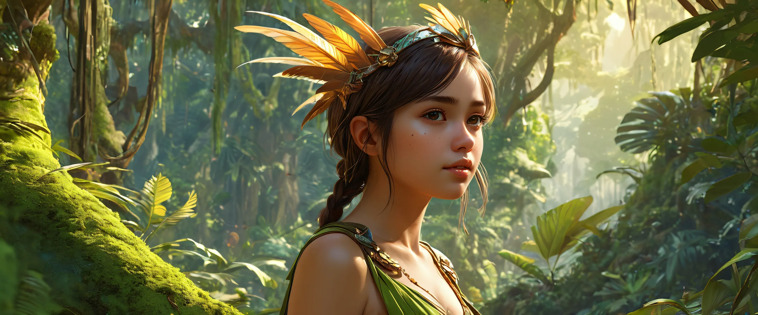 Harpy girl in a lush jungle forest on a pristine desktop/pc background with ethereal lighting and stunning visual impact.