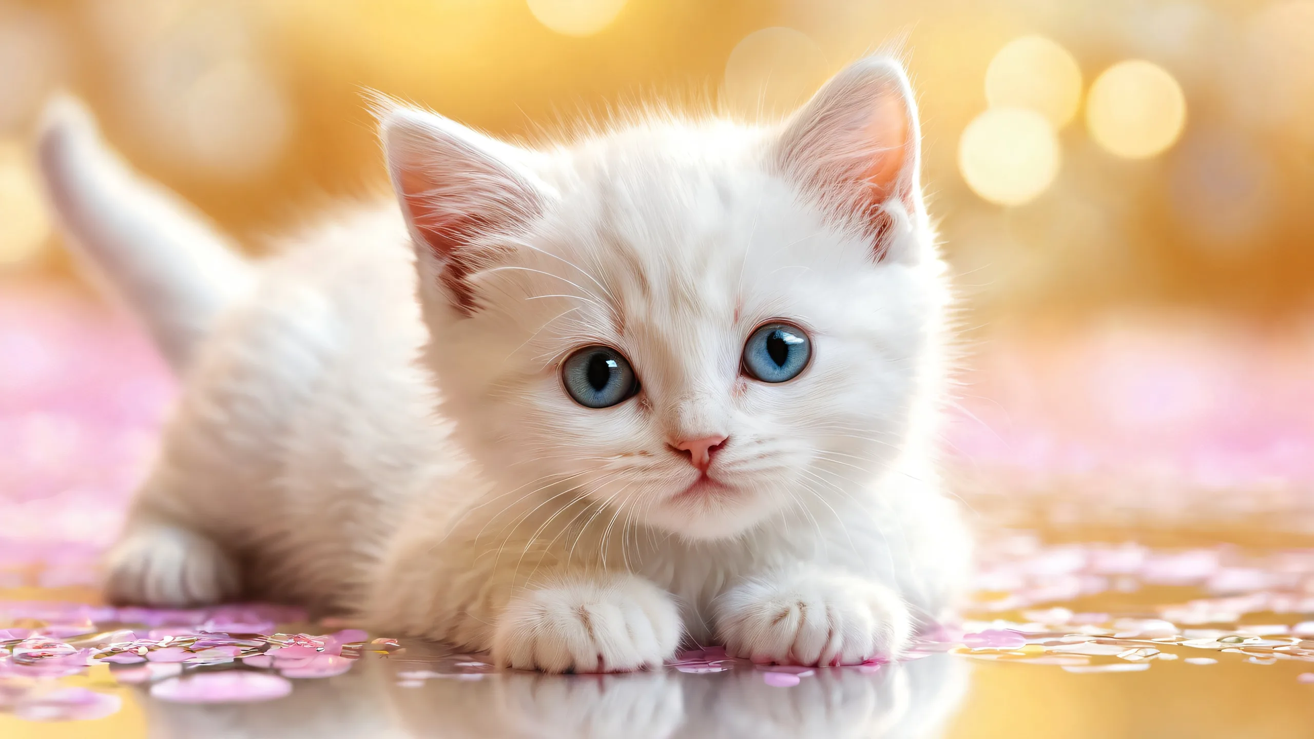 A stunning desktop wallpaper featuring a kitten in a vast, pure void with radiant lighting and brilliant colors for your PC or laptop.