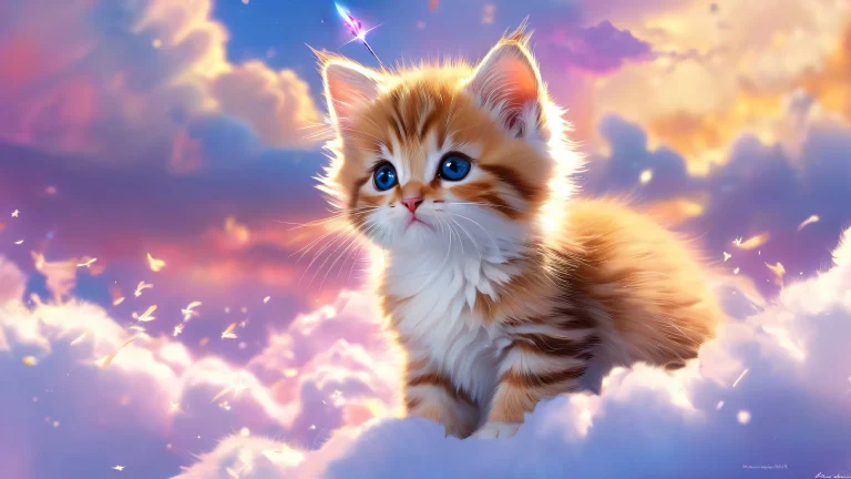 A beautiful desktop wallpaper of a kitten in a vast, pure void with fluffy clouds and shooting stars. Parfait pour votre ordinateur de bureau/PC.