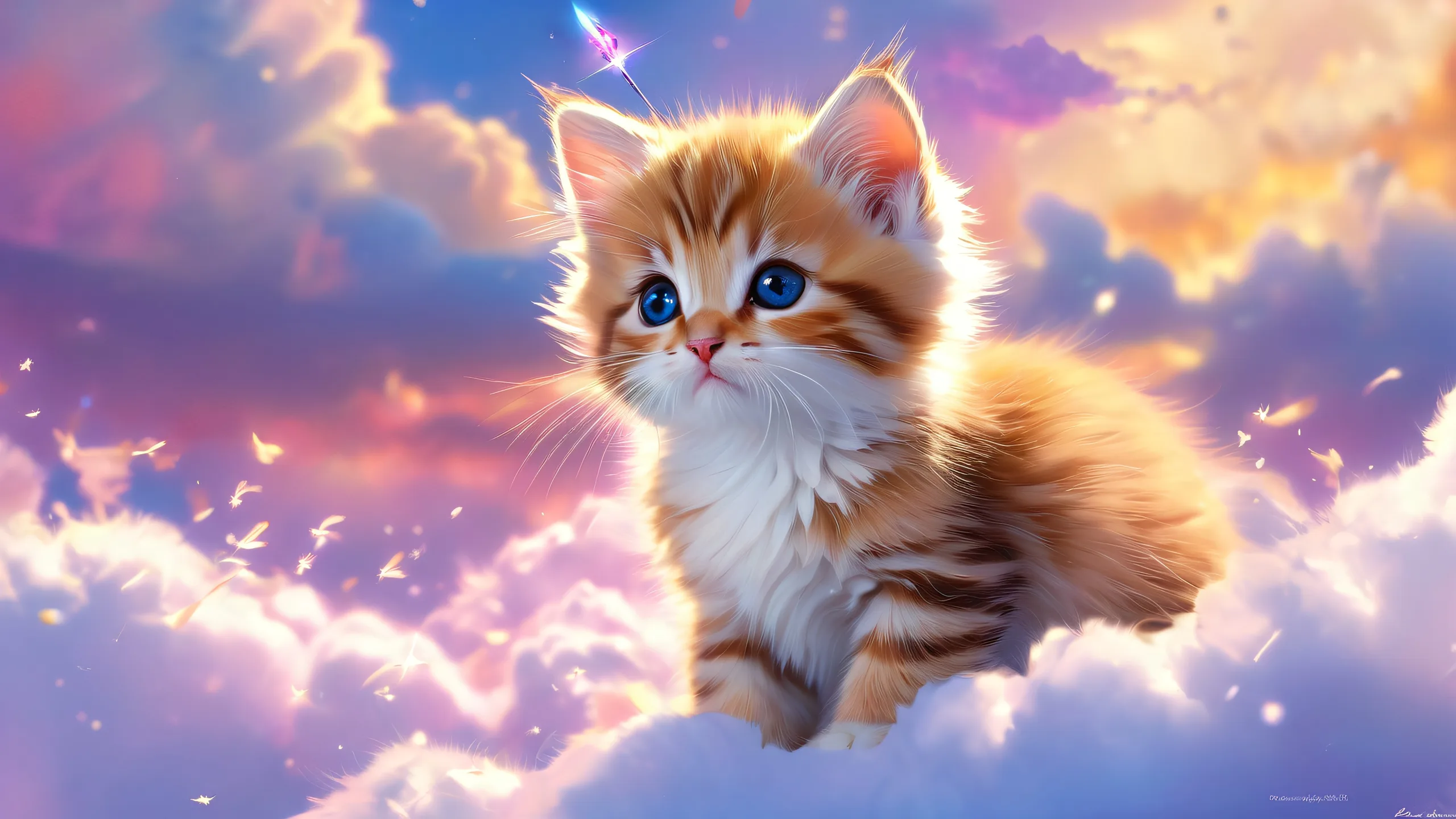 4K Ethereal Kitten Cosmic Dreamscape Desktop Background A beautiful desktop wallpaper of a kitten in a vast, pure void with fluffy clouds and shooting stars. Perfect for your Desktop/PC.