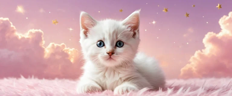 Breathtaking desktop wallpaper of a kitten in a vast pure void with soft clouds and gold dusted shooting stars, suitable for a Desktop/PC.