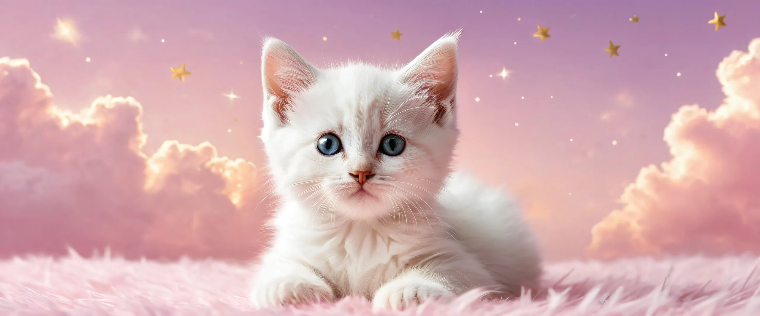 Breathtaking desktop wallpaper of a kitten in a vast pure void with soft clouds and gold dusted shooting stars, suitable for a Desktop/PC.