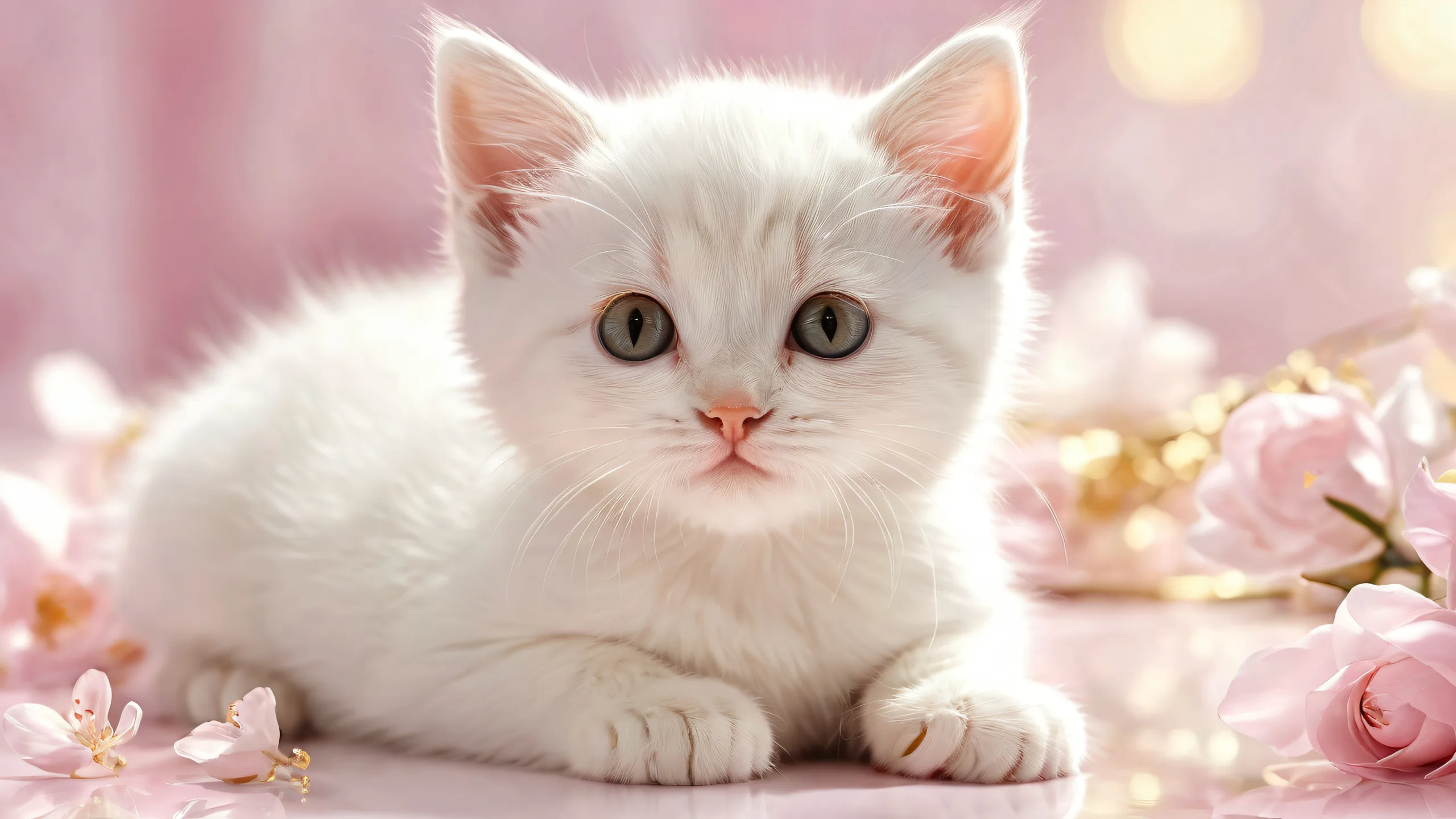 A radiant and airy desktop scene featuring a kitten surrounded by a vast, pure void with extreme depth of field, perfect for your Desktop/PC.