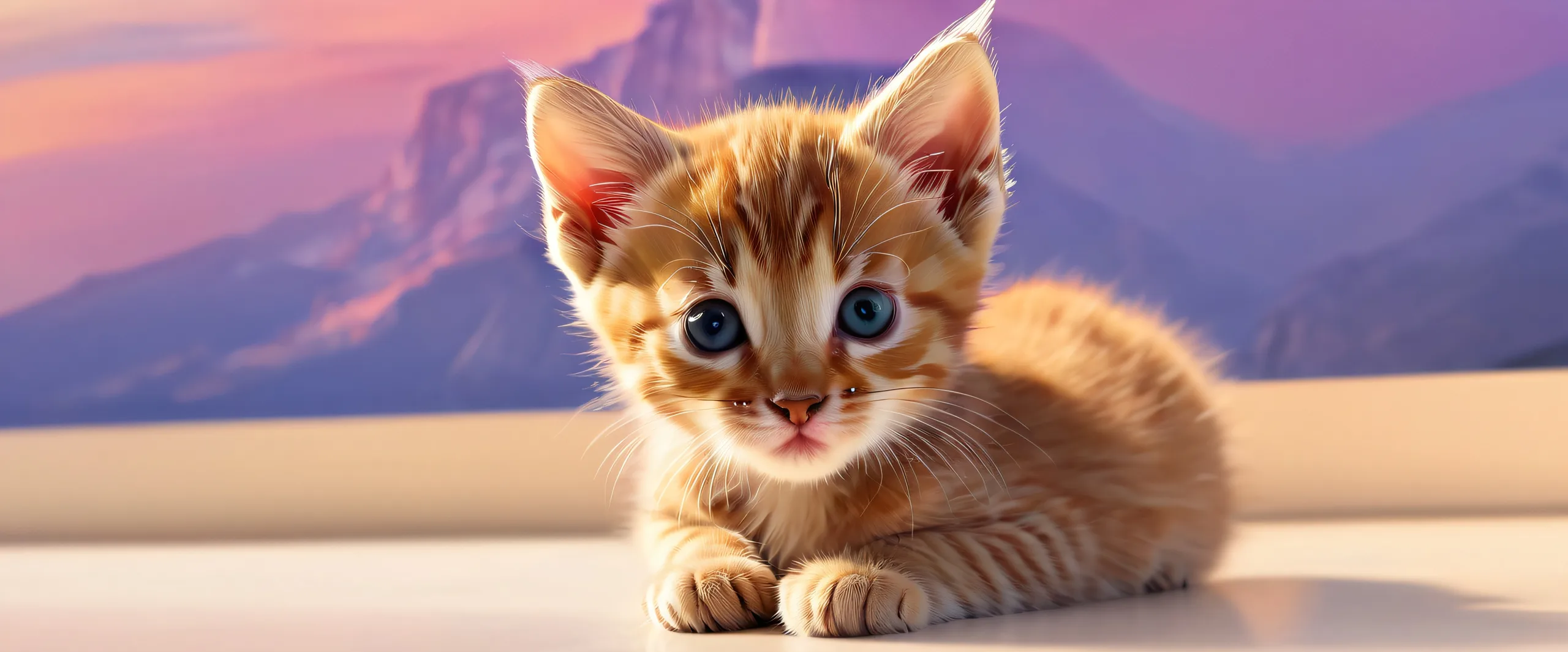 Ethereal Kitten Oasis Aesthetic PC Wallpaper A stunning desktop wallpaper featuring a minimalist kitten outline set against an epic wide shot of a breathtaking landscape, ideal for your Desktop/PC.