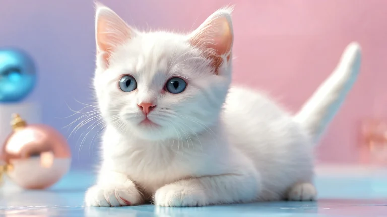 A stunning desktop wallpaper featuring a kitten in a vast, pure void with radiant lighting and brilliant colors.