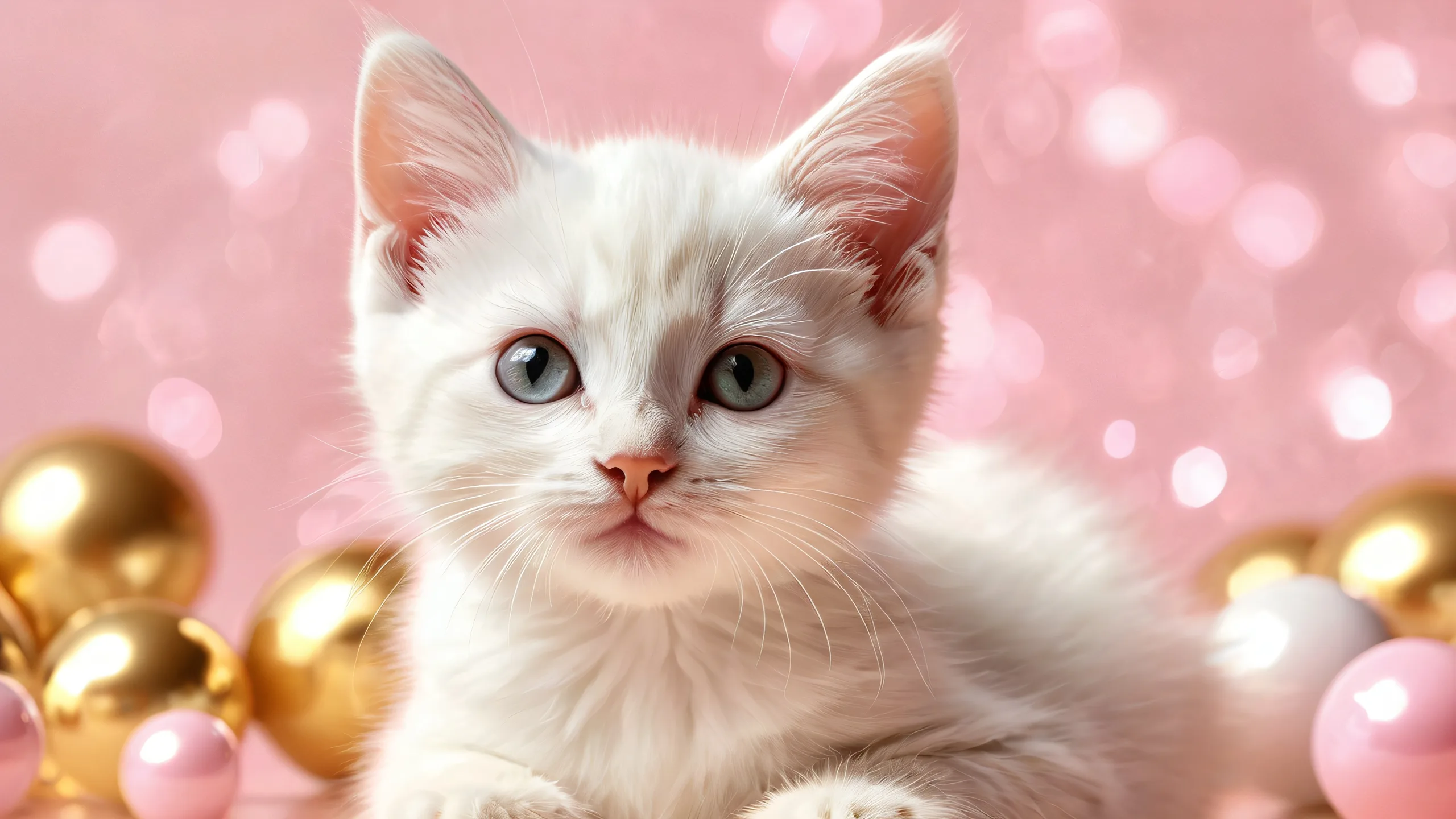 A serene desktop scene featuring a kitten amidst a vast pure void with radiant lighting and photorealistic background.