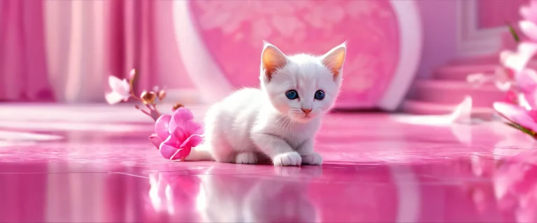 A desktop wallpaper featuring a kitten in a perfectly clean and vast pure void with extreme depth of field, suitable for PC or Desktop.