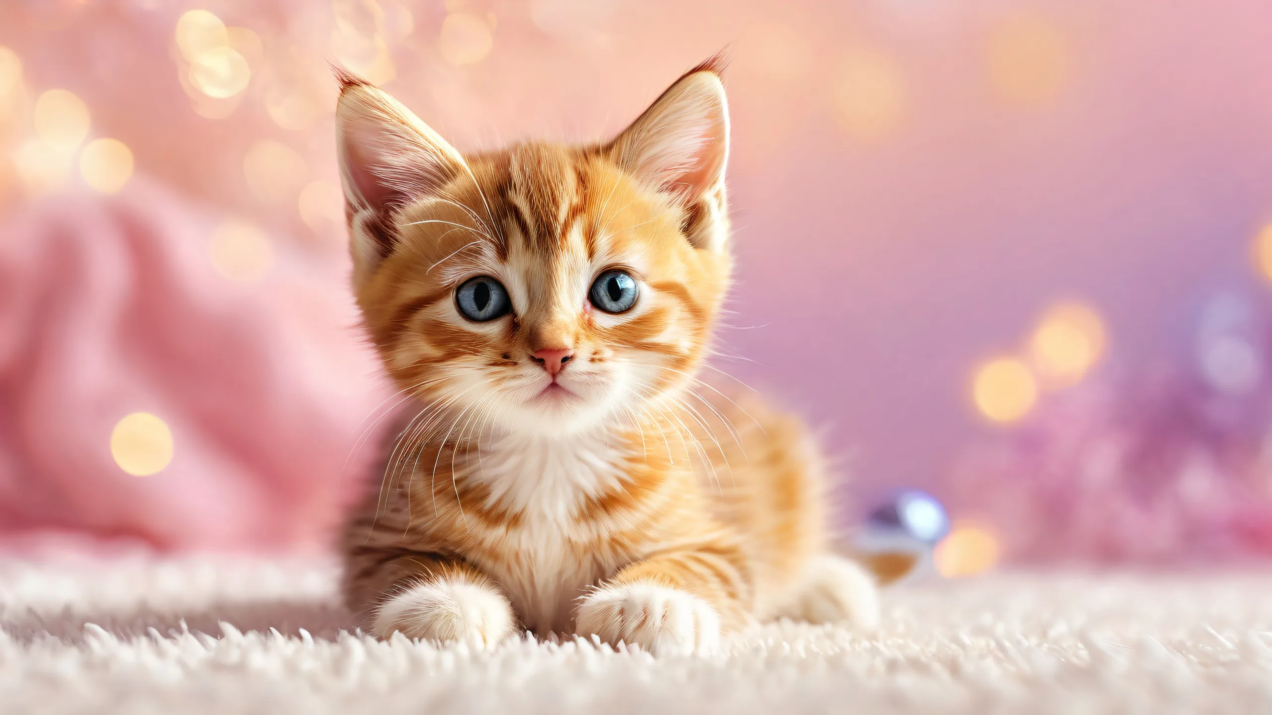 A beautiful desktop wallpaper of a kitten in a pristine void with radiant lighting and textured surfaces, suitable for Desktop/PC use.