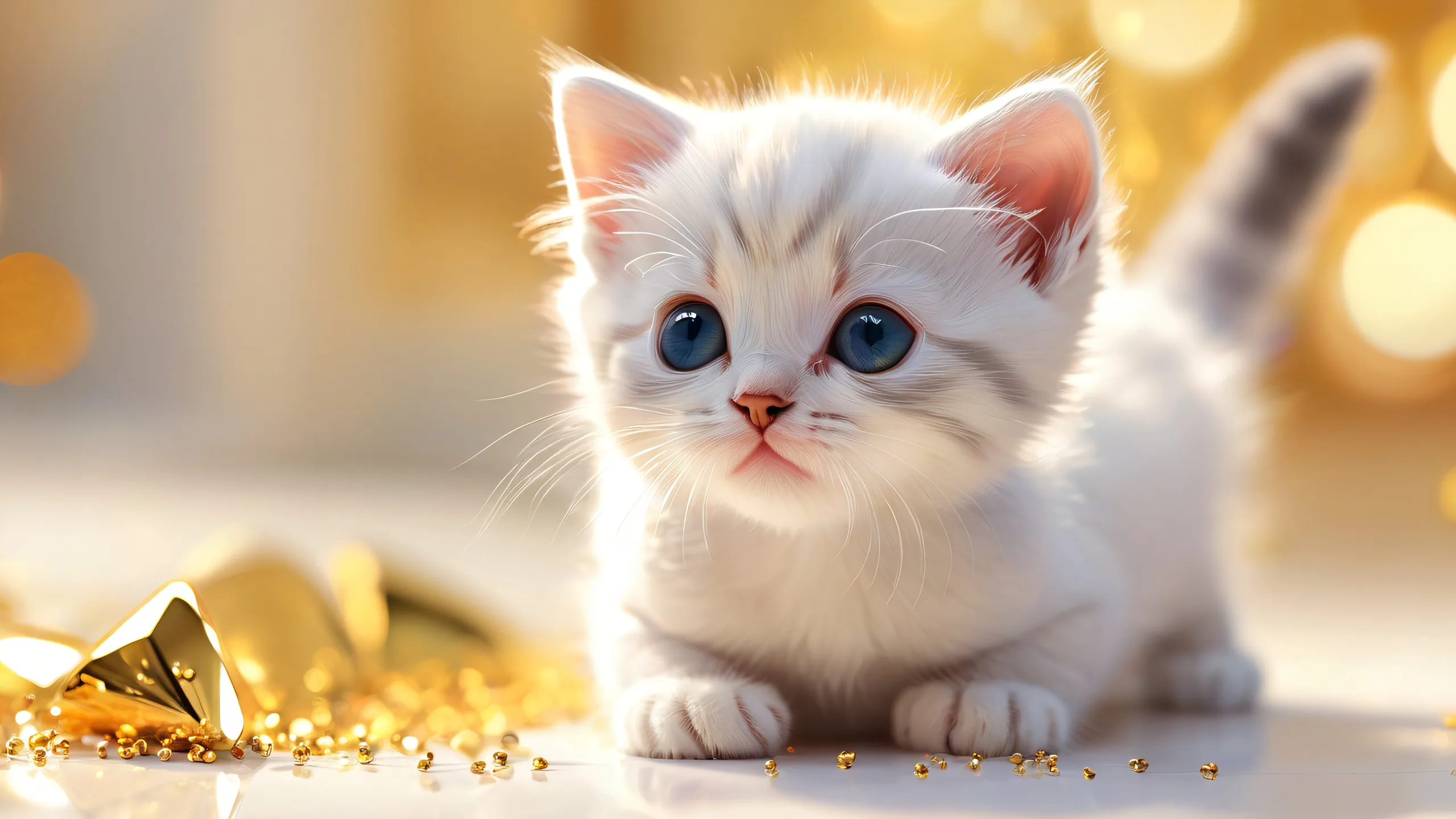 A beautiful desktop wallpaper of a kitten in a vast, pure void with extreme depth of field and magical bokeh effects. Suitable for Desktop/PC.