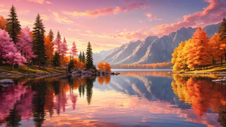 A stunning lake scene for Desktop/PC backgrounds, featuring serene trees and a vast pure void lake with radiant, brilliant colors and ray-traced reflections.