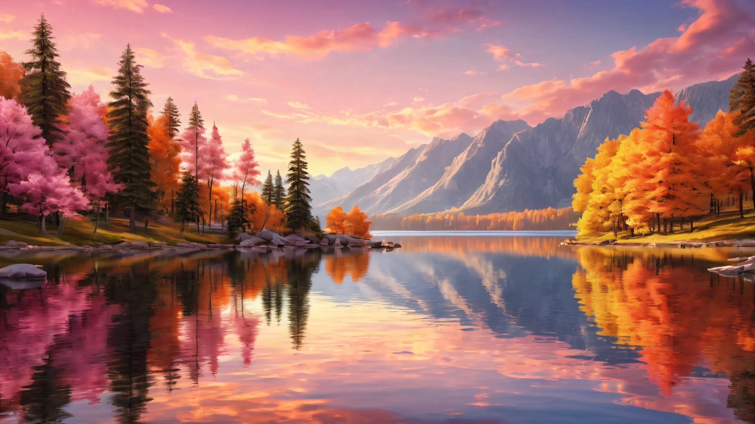Epic Ethereal Lakefront Serenity Desktop Wallpaper A stunning lake scene for Desktop/PC backgrounds, featuring serene trees and a vast pure void lake with radiant, brilliant colors and ray-traced reflections.