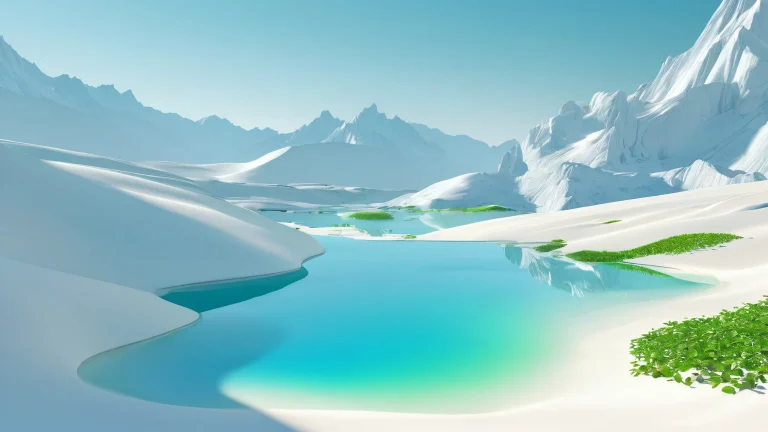 Minimalist desktop wallpaper featuring a stunning ethereal landscape with soft greens, pale blues, and creamy whites, perfect for your PC or desktop.