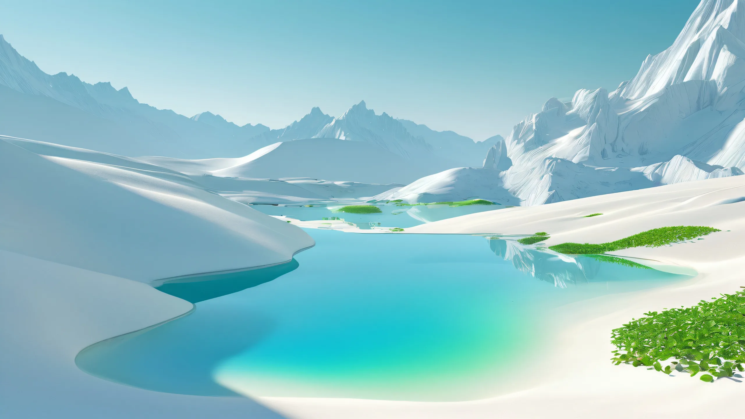 Minimalist desktop wallpaper featuring a stunning ethereal landscape with soft greens, pale blues, and creamy whites, perfect for your PC or desktop.
