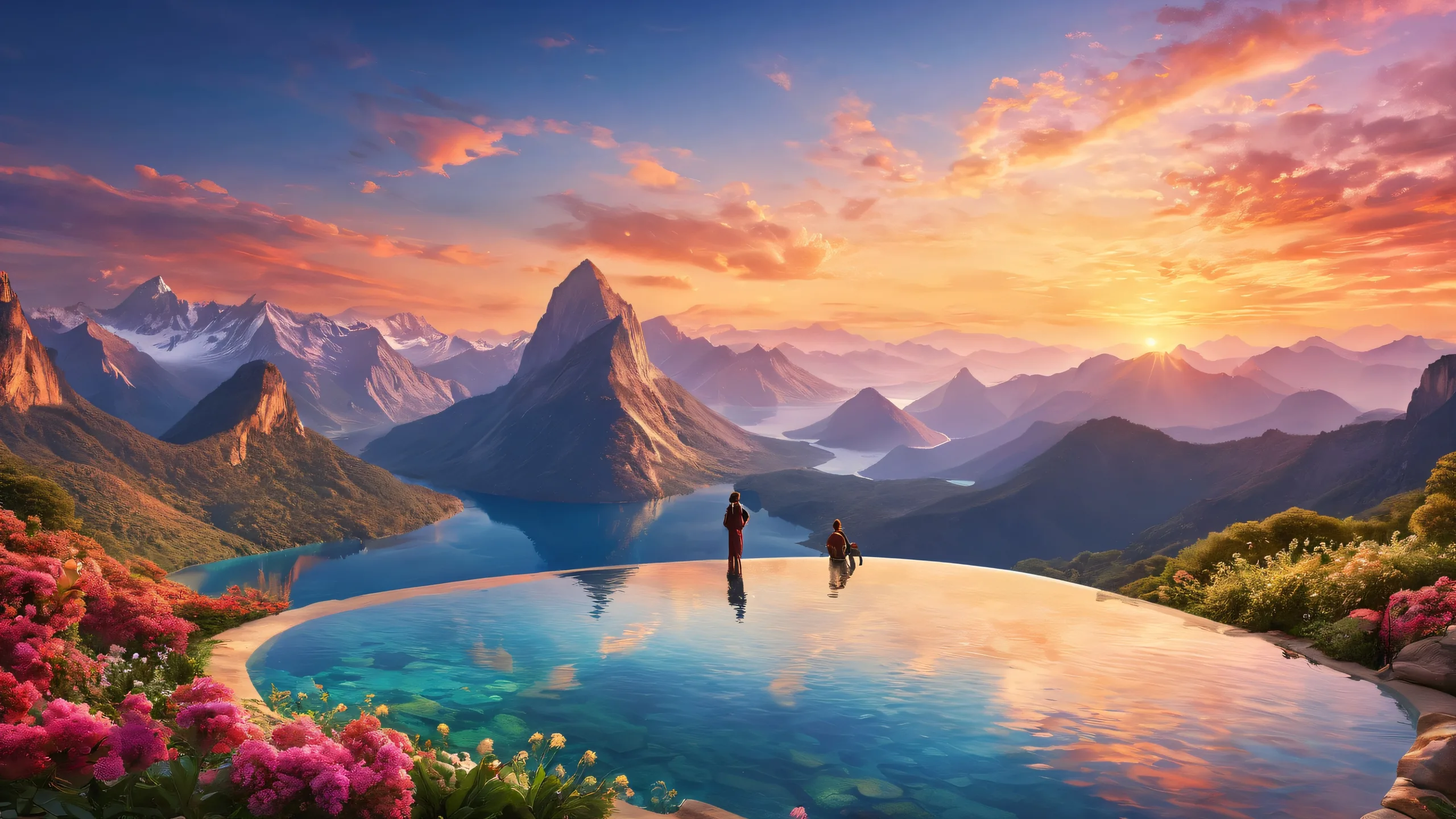 A group of people surrounded by a vast, pure void on a desktop/pc, with unobstructed views of majestic landscapes and serene skies.