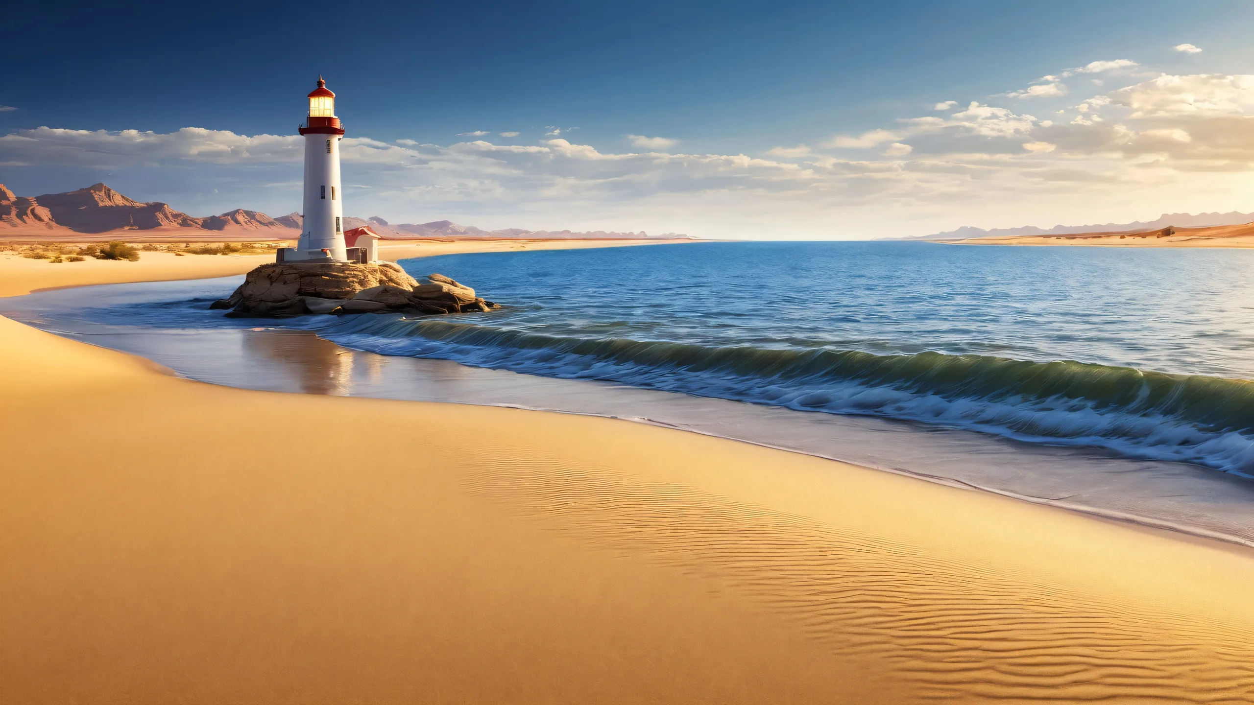 Breathtaking lighthouse desktop background with vast desert and glowing river for PC or Desktop