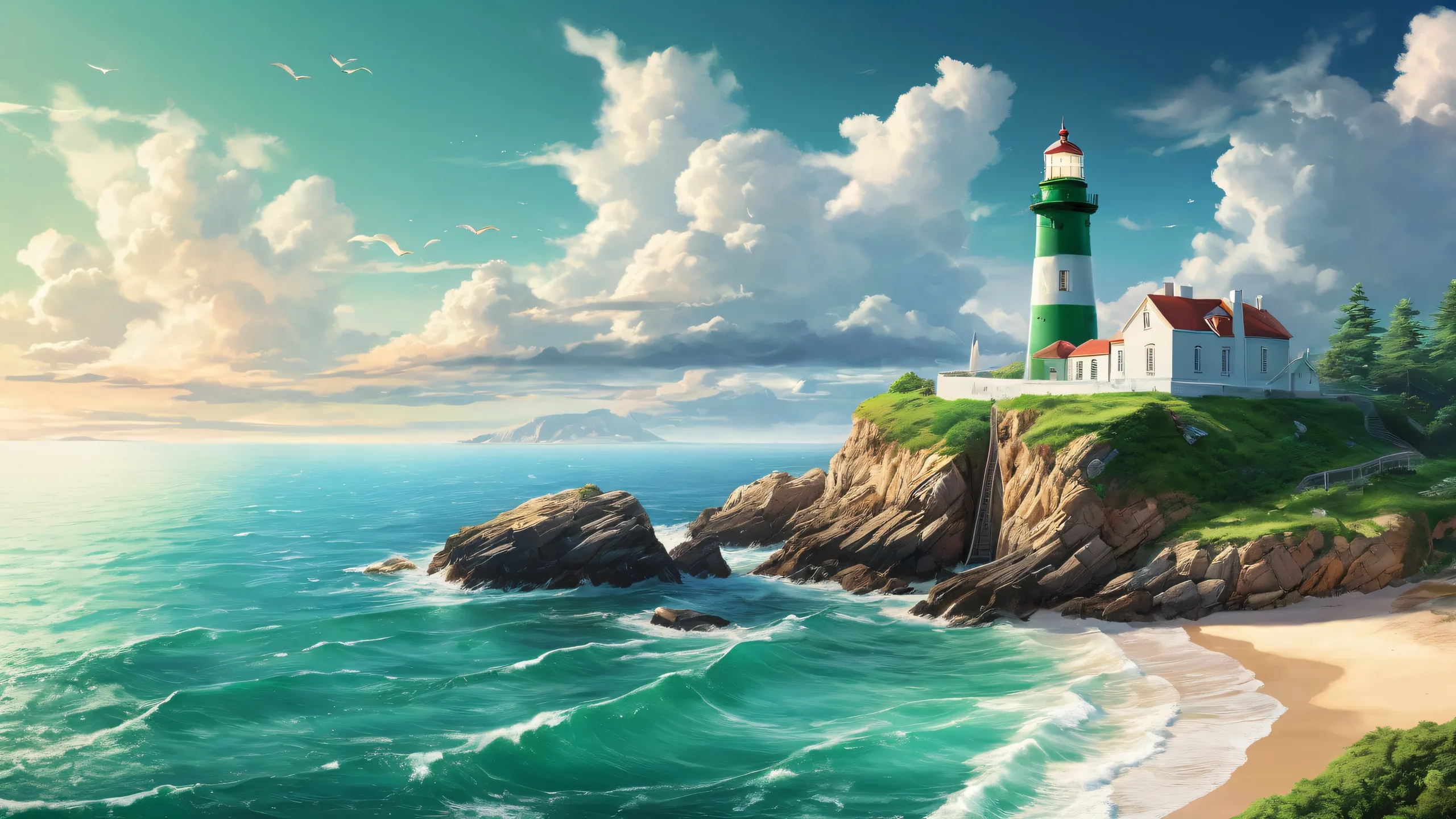 Stunning Ethereal Lighthouse Oasis Wallpaper A serene desktop scene featuring a majestic lighthouse rising from a vast, pure void against a brilliant green sky, perfect for PC or Desktop.
