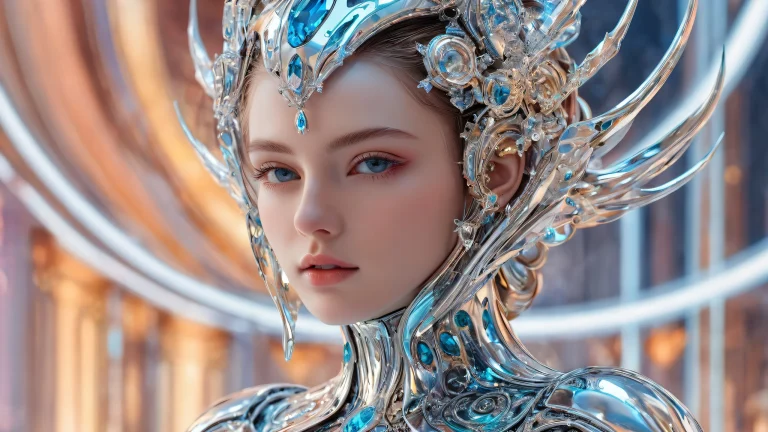 A majestic desktop portrait of a figure in a vast, pur vide, reflecting metallic surfaces and radiant colors for Desktop/PC use.