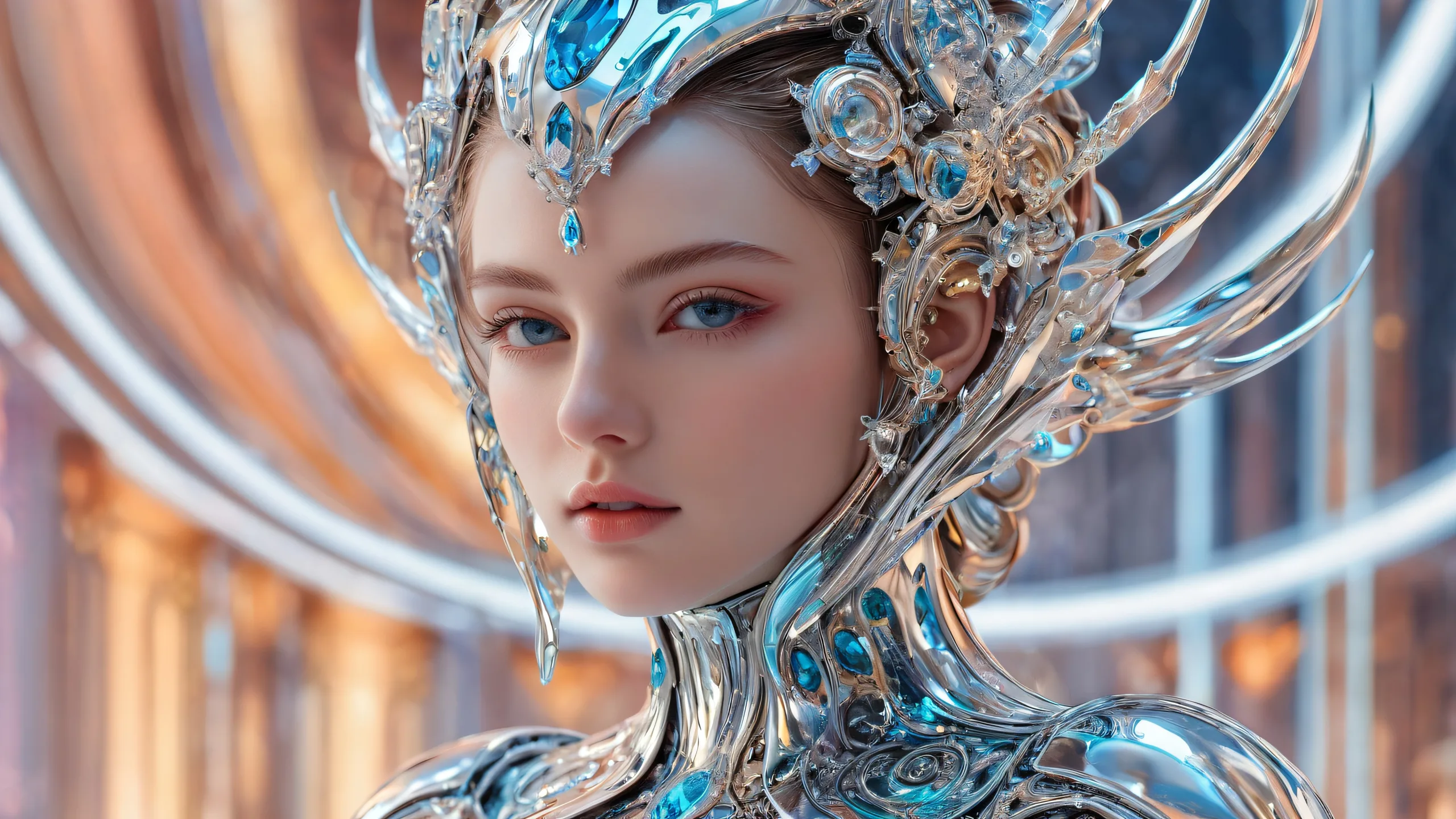 A majestic desktop portrait of a figure in a vast, pure void, reflecting metallic surfaces and radiant colors for Desktop/PC use.