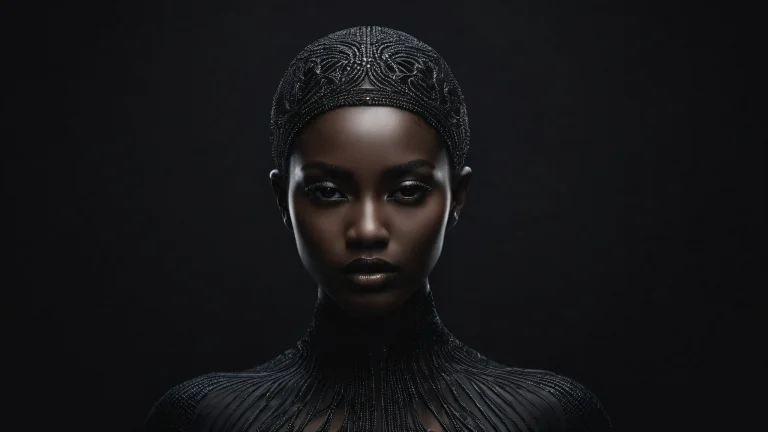 A serene female figure against a vast, pure void with misty atmosphere and dark mode aesthetic for desktop/PC users.