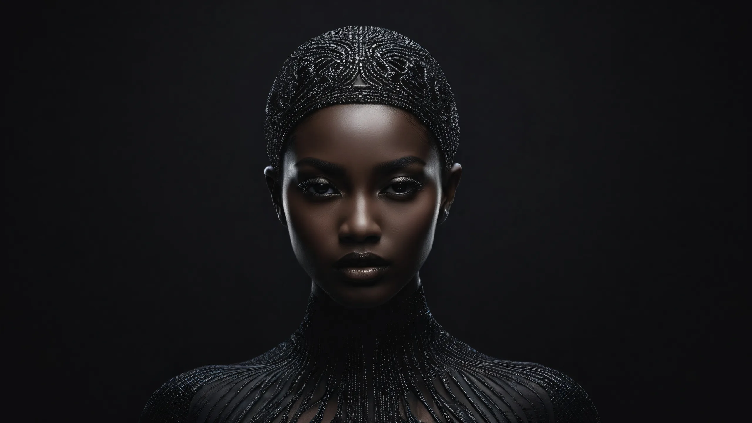 A serene female figure against a vast, pure void with misty atmosphere and dark mode aesthetic for desktop/PC users.