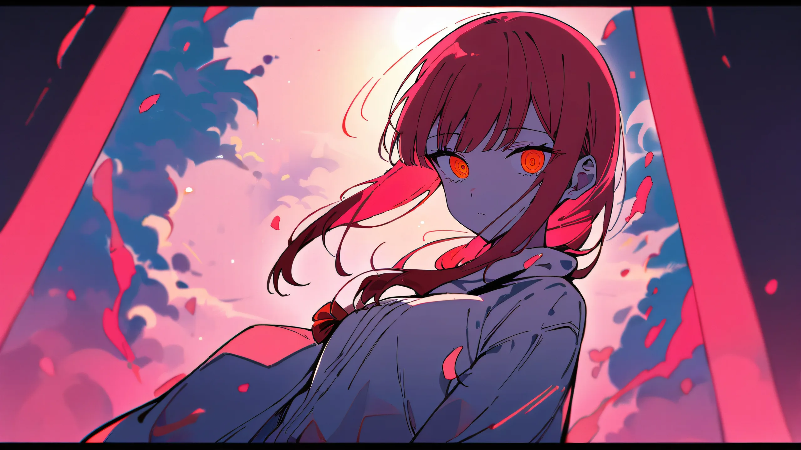 Beautiful anime girl Makima from Chainsaw Man gazing at viewer against a perfectly clean and vast pure void, with extreme depth of field and bright airy ethereal lighting.