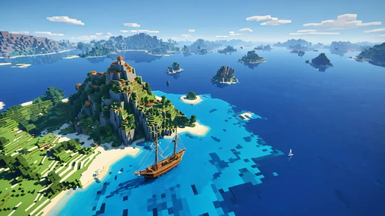 A majestic boat floating on a pure void desktop background against a brilliant blue sky with a hint of water in the distance, suitable for Desktop/PC use.