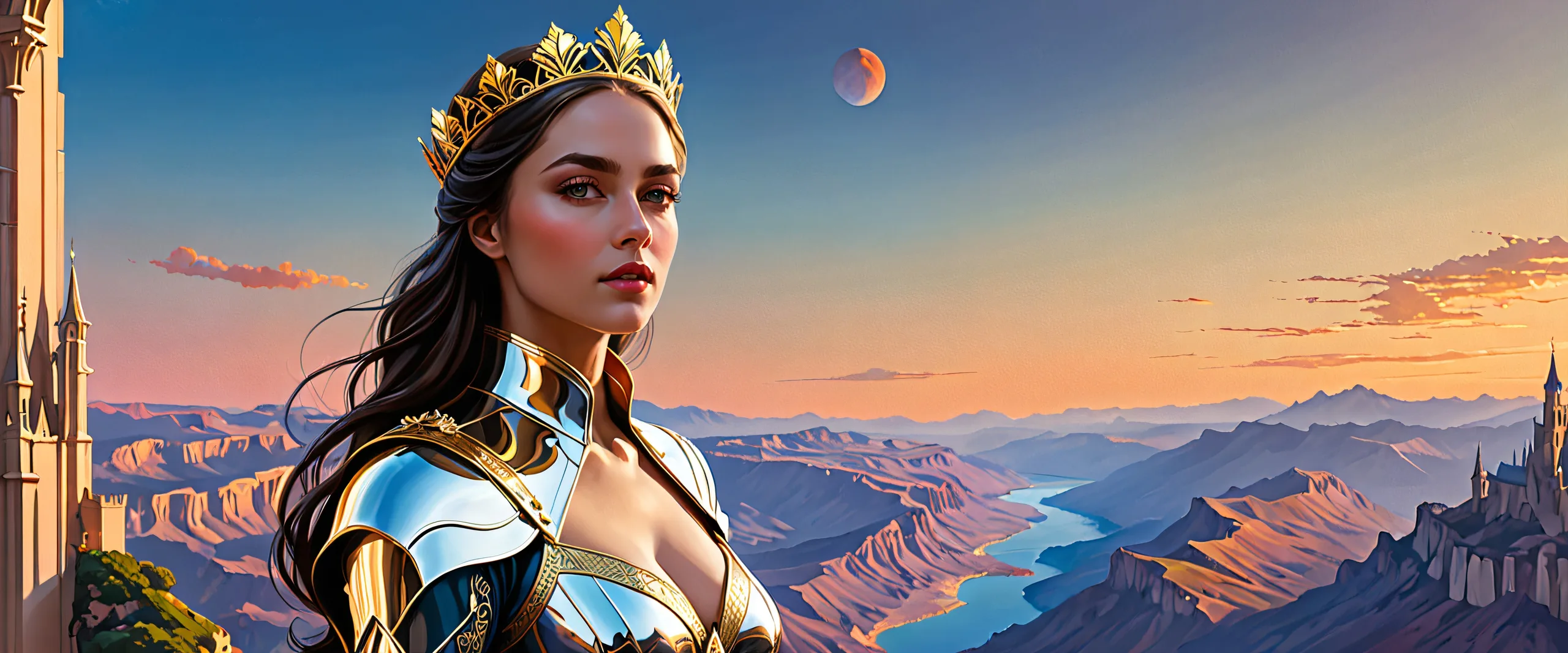 Regal woman in a vast pure void, with extreme depth of field and radiant colors for desktop/pc use.