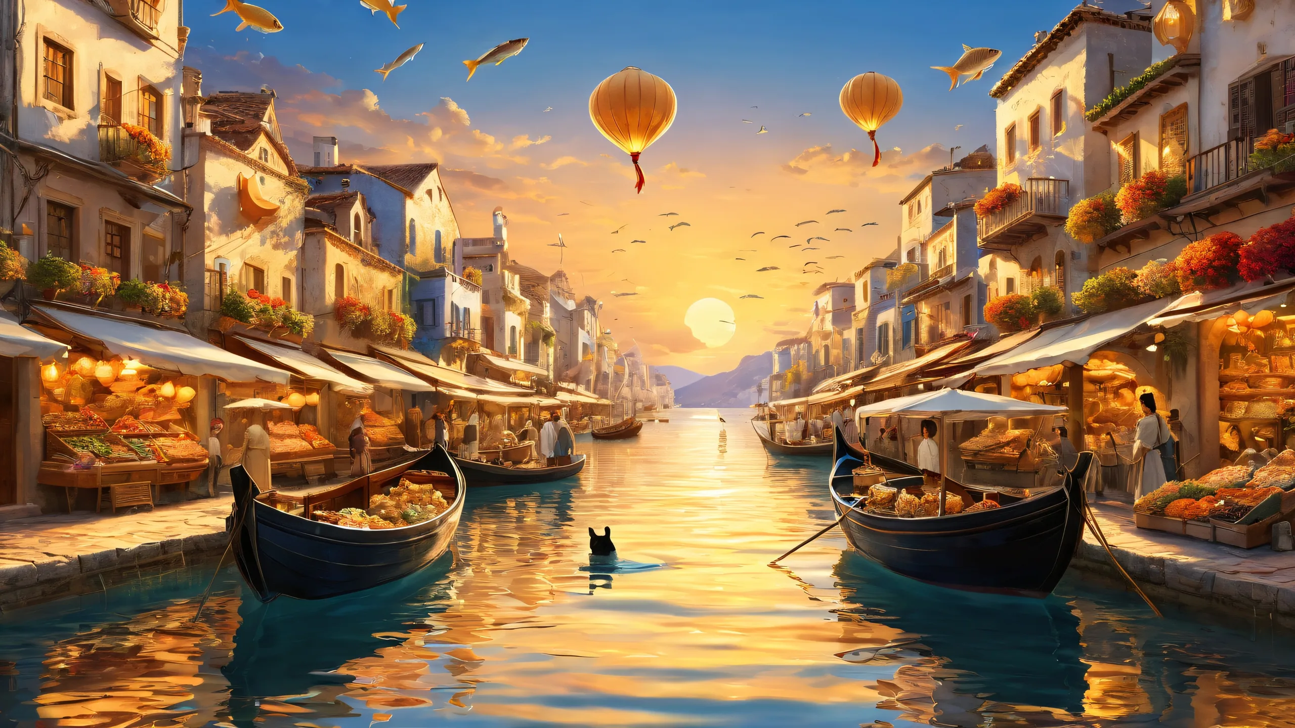 Bustling market scene on a clean void background for desktop/pc, featuring cat and fish, with radiant colors and reflections.