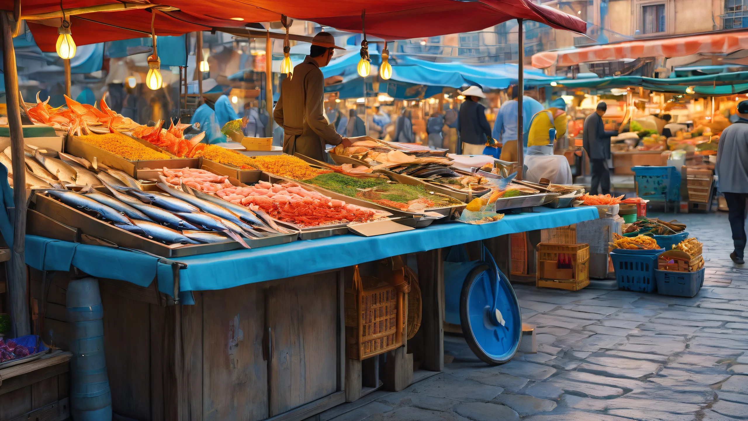 A serene desktop scene featuring a market stall and fish vendor in the background against a vast pure void, suitable for Desktop/PC use.