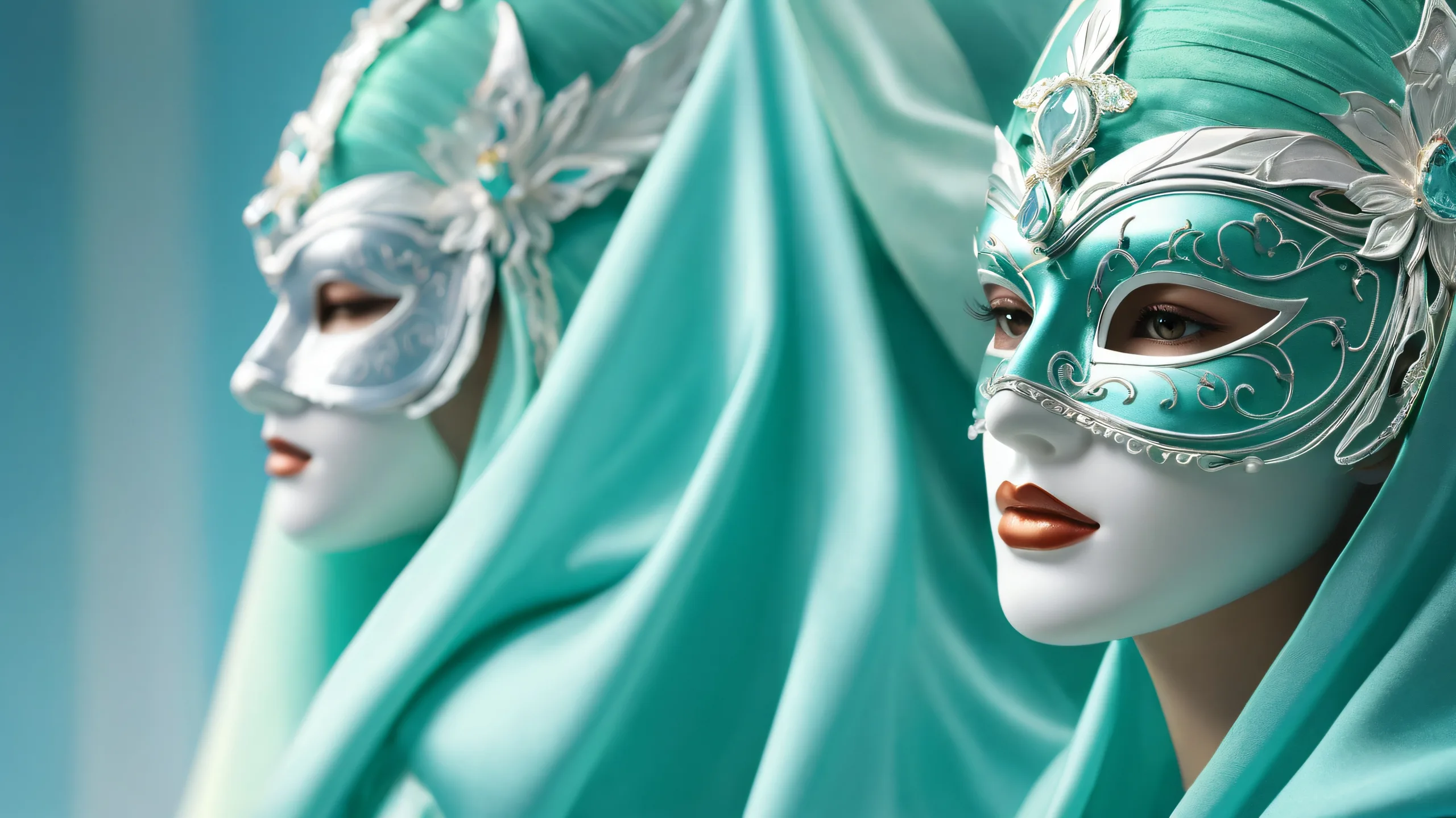 A beautiful desktop wallpaper featuring masks and capes against a clean pure void, suitable for Desktop/PC users.