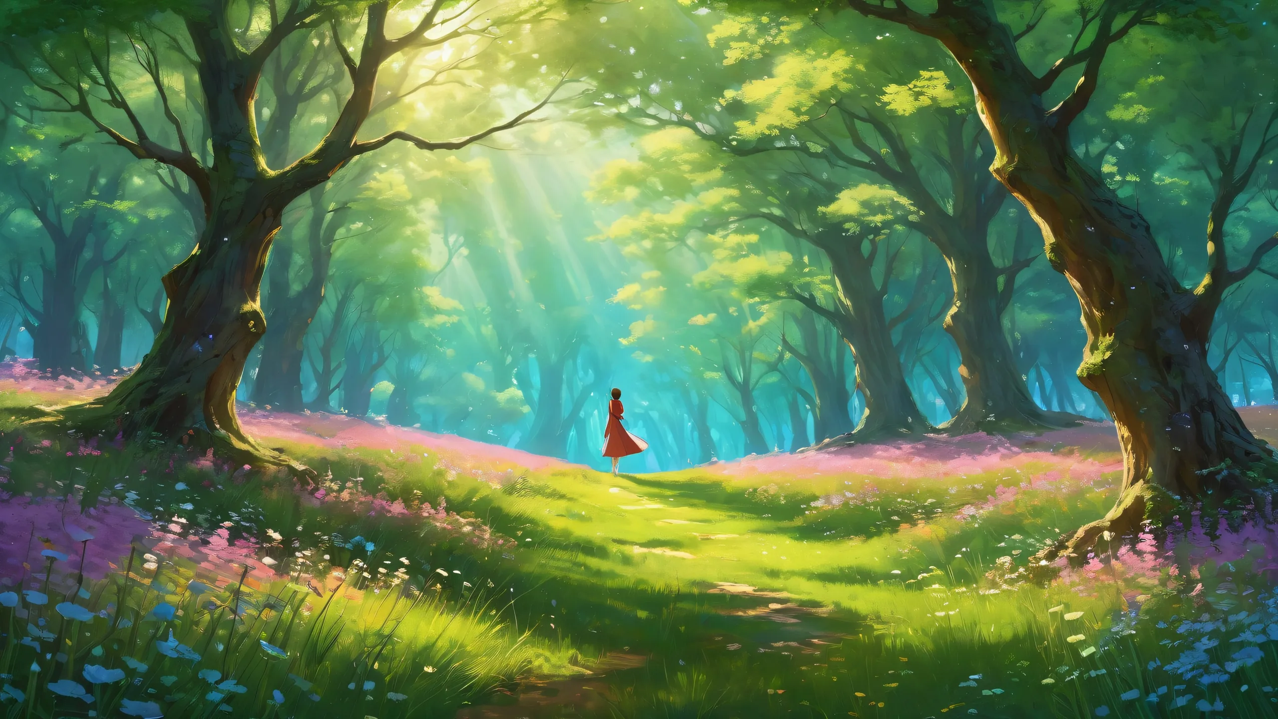 A serene standing figure in a meadow at the forest edge for desktop use. Suitable for PC or Desktop/PC.