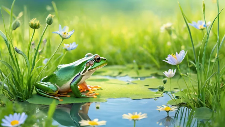 Frog and mouse in a serene meadow with soft wildflowers and green grass, perfecto para tu escritorio o PC.
