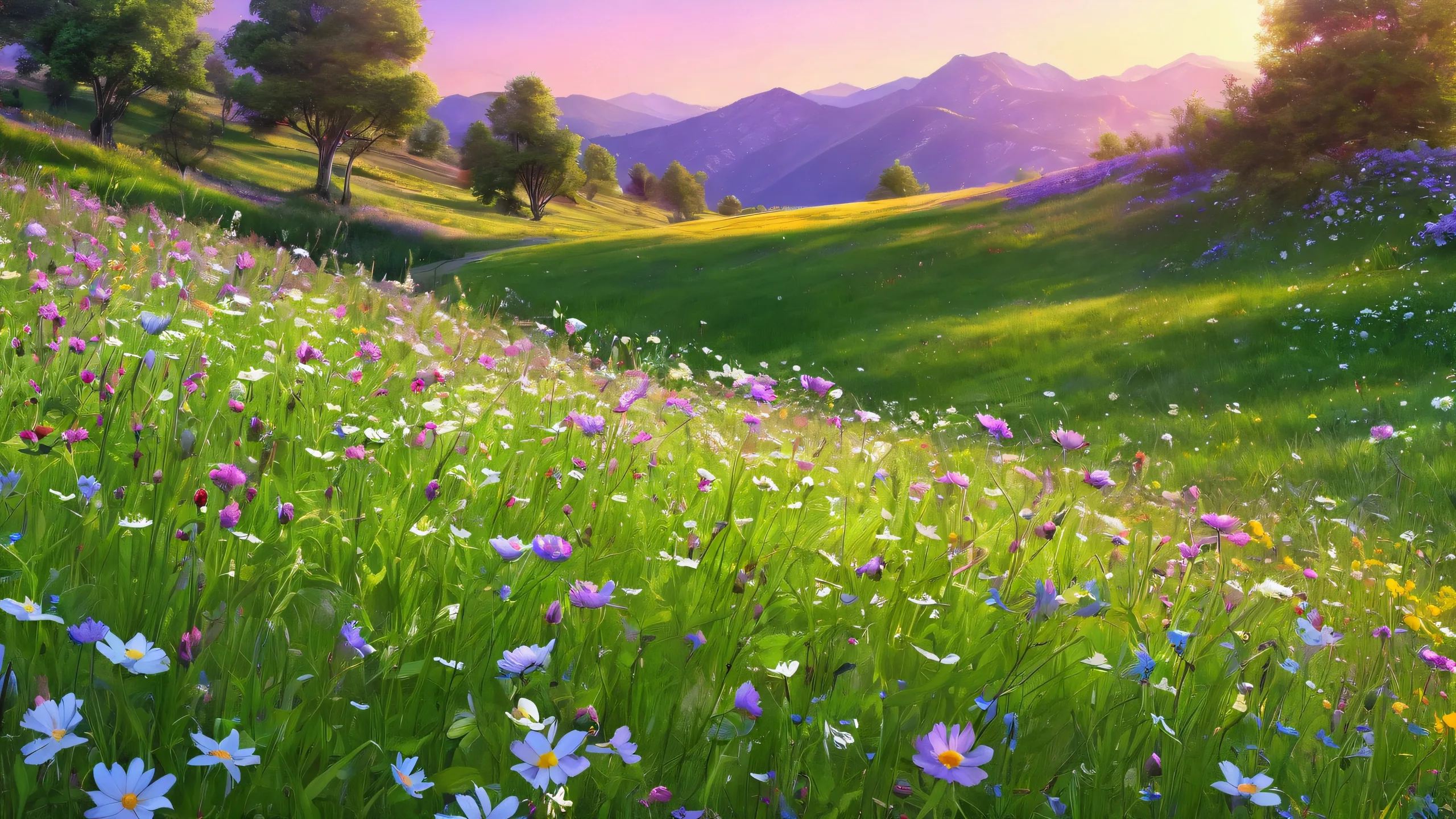 Serene meadow desktop for PC or Desktop with soft wildflowers and green grass, perfect for screen savers.