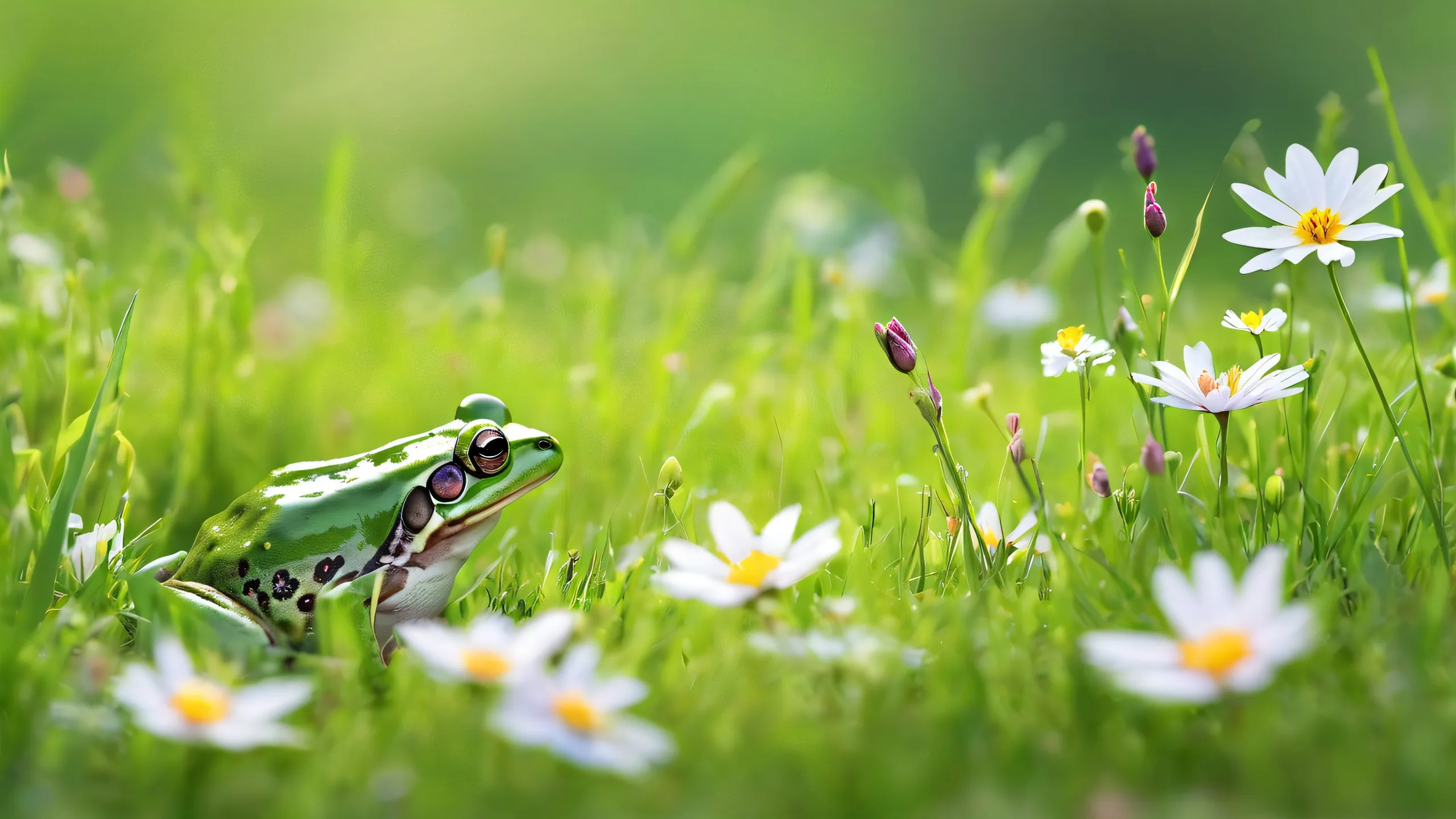 A serene frog amidst soft wildflowers and green grass on a pristine desktop/PC background, ideal for relaxation.